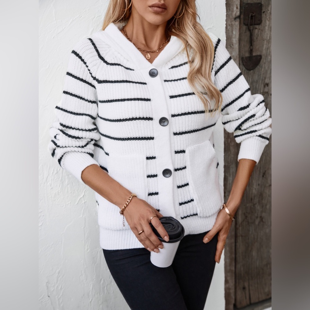 Striped Button Up Long Sleeve Hooded Cardigan - Picture 4 of 7